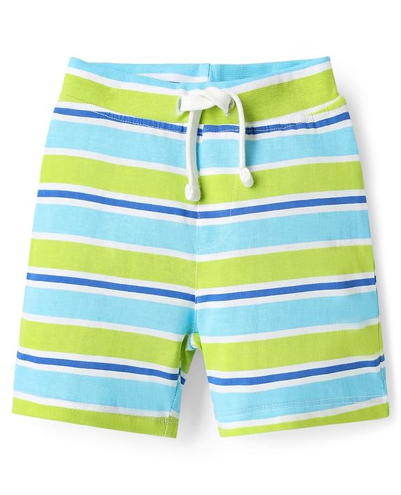 Babyhug Single Jersey Knit Shorts With Stripes & Dino Print Pack Of 3 - Light Blue Green & Navy Blue