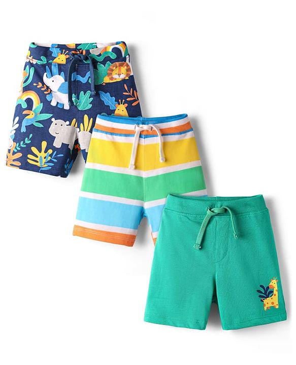 Babyhug 100% Cotton Single Jersey Knit Shorts With Animal & Stripe Print Pack Of 3 - Navy Blue & Light Green