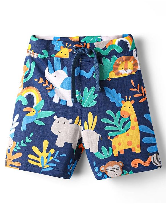 Babyhug 100% Cotton Single Jersey Knit Shorts With Animal & Stripe Print Pack Of 3 - Navy Blue & Light Green