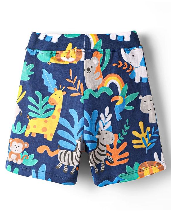 Babyhug 100% Cotton Single Jersey Knit Shorts With Animal & Stripe Print Pack Of 3 - Navy Blue & Light Green