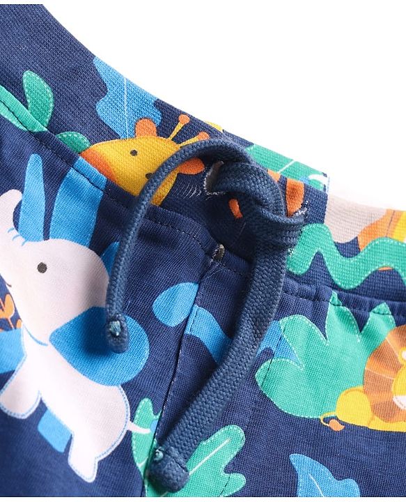 Babyhug 100% Cotton Single Jersey Knit Shorts With Animal & Stripe Print Pack Of 3 - Navy Blue & Light Green