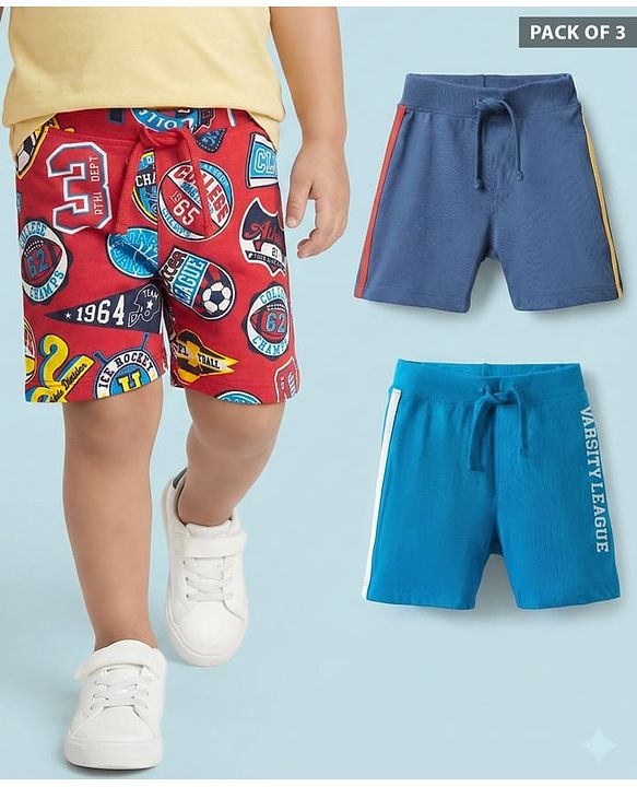 Babyhug Cotton Single Jersey Knit Shorts With Sports Theme Print Pack Of 3 - Red Navy Blue & Light Blue