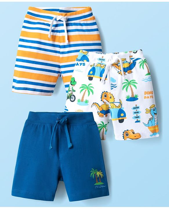Babyhug Cotton Single Jersey Knit Shorts With Stripes & Dino Print Pack Of 3 - Navy Blue Light Blue & Yellow