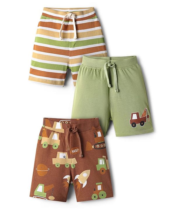 Babyhug Single Jersey Knit Shorts With Stripes & Vehicles Print Pack Of 3 - Multi Colour