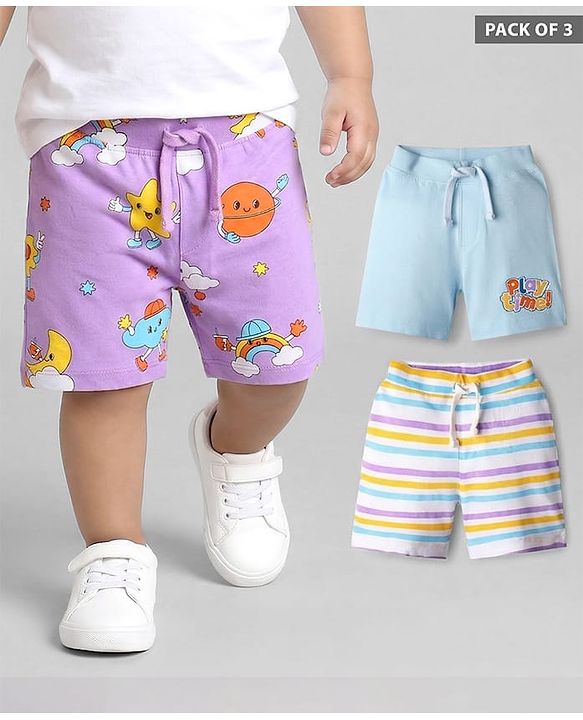 Babyhug Cotton Single Jersey Knit Striped & Space Theme Printed Shorts Pack of 3 - Multicolor