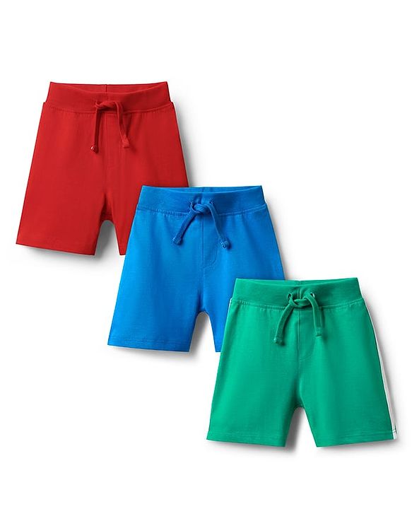 Babyhug 100% Cotton Single Jersey Knit Shorts with Tractor Print Pack of 3 - Green Red & Blue