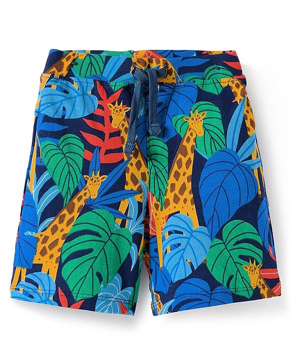 Babyhug Cotton Single Jersey Knit Shorts with Vehicle & Dino Print - Navy Blue