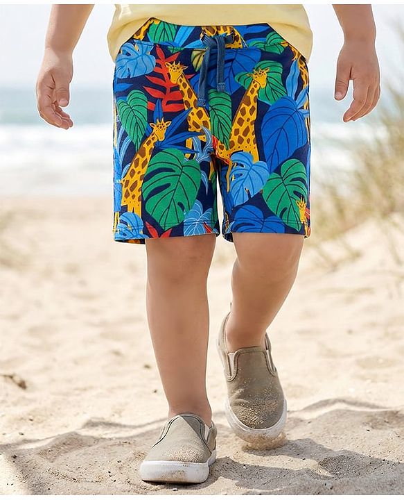 Babyhug Cotton Single Jersey Knit Shorts with Vehicle & Dino Print - Navy Blue