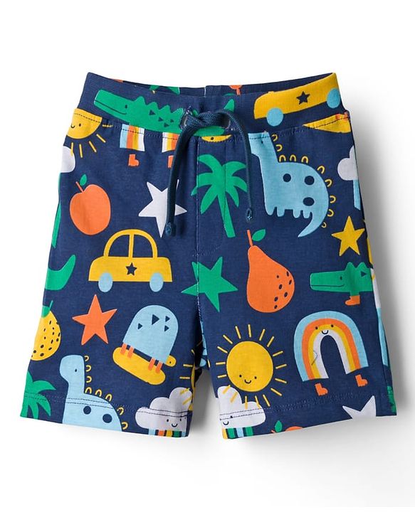 Babyhug Cotton Single Jersey Knit Shorts with Animal & Vehicle Print - Navy Blue