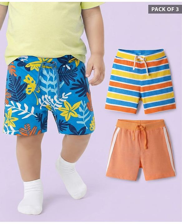 Babyhug Cotton Single Jersey Knit Shorts With Stripes & Tropical Theme Print Pack Of 3 - Blue Orange & Yellow