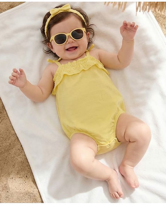 Babyhug 100% Cotton Knit Sleeveless Solid Color Onesie and Hairband with Frill Detailing - Yellow
