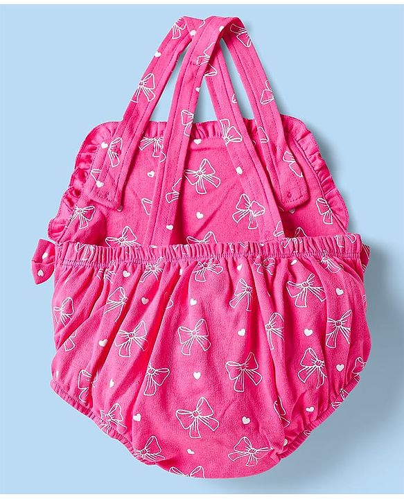 Babyhug 100% Cotton Knit Bow Print & Applique Onesie with Full Sleeves T-Shirt Headband & Booties - Dark Pink