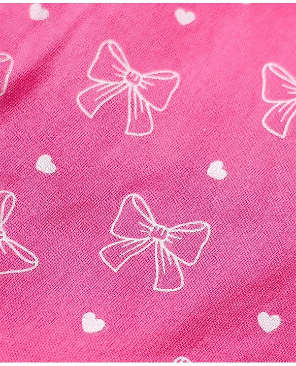 Babyhug 100% Cotton Knit Bow Print & Applique Onesie with Full Sleeves T-Shirt Headband & Booties - Dark Pink