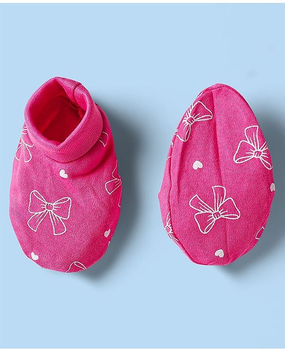 Babyhug 100% Cotton Knit Bow Print & Applique Onesie with Full Sleeves T-Shirt Headband & Booties - Dark Pink