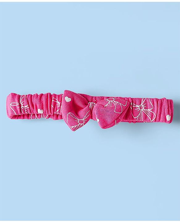 Babyhug 100% Cotton Knit Bow Print & Applique Onesie with Full Sleeves T-Shirt Headband & Booties - Dark Pink