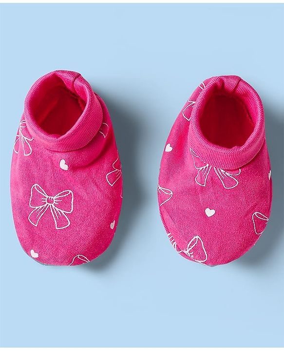 Babyhug 100% Cotton Knit Bow Print & Applique Onesie with Full Sleeves T-Shirt Headband & Booties - Dark Pink
