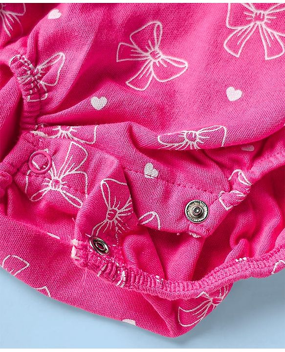 Babyhug 100% Cotton Knit Bow Print & Applique Onesie with Full Sleeves T-Shirt Headband & Booties - Dark Pink