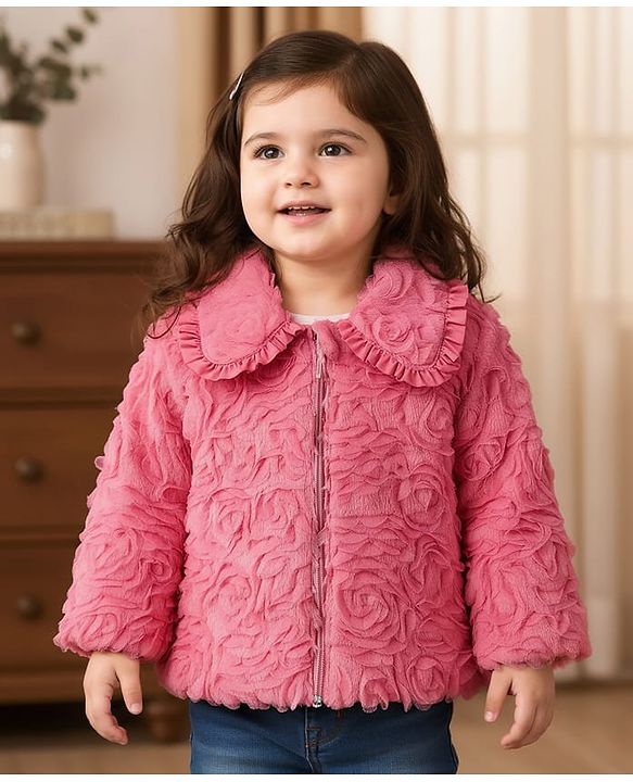 Babyhug Woven Full Sleeves Collar Neck Winter Fur Jacket With Floral Design - Pink