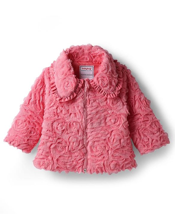 Babyhug Woven Full Sleeves Collar Neck Winter Fur Jacket With Floral Design - Pink