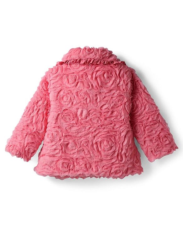 Babyhug Woven Full Sleeves Collar Neck Winter Fur Jacket With Floral Design - Pink