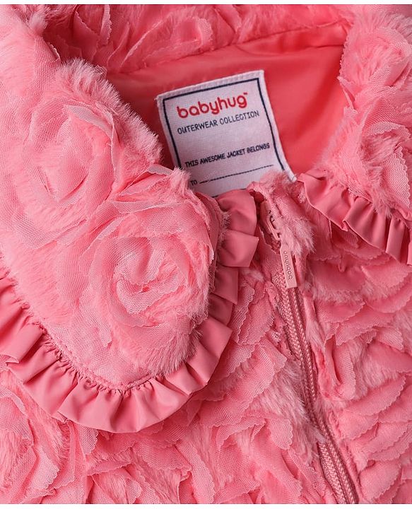 Babyhug Woven Full Sleeves Collar Neck Winter Fur Jacket With Floral Design - Pink