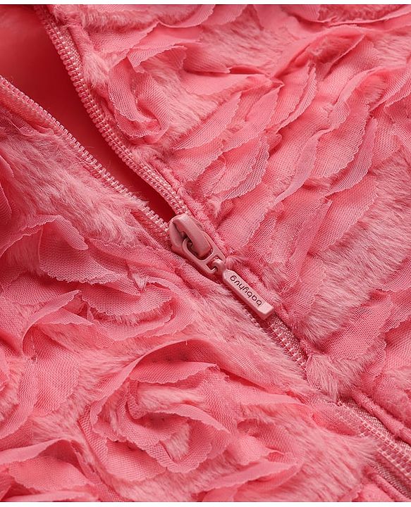 Babyhug Woven Full Sleeves Collar Neck Winter Fur Jacket With Floral Design - Pink
