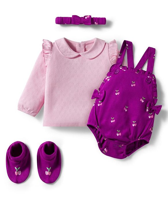 Babyhug 100% Cotton Interlock Knit Onesies With Hairband & Booties - Purple