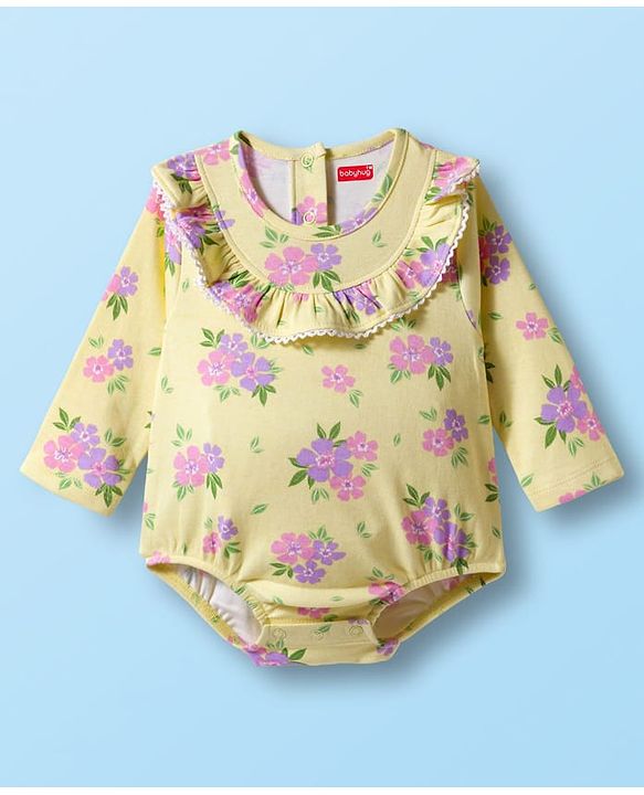 Babyhug 100% Cotton Knit Full Sleeves Onesie With Floral Print & Headband - Yellow