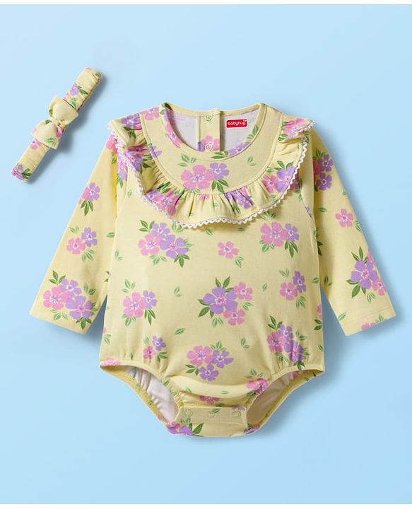 Babyhug 100% Cotton Knit Full Sleeves Onesie With Floral Print & Headband - Yellow
