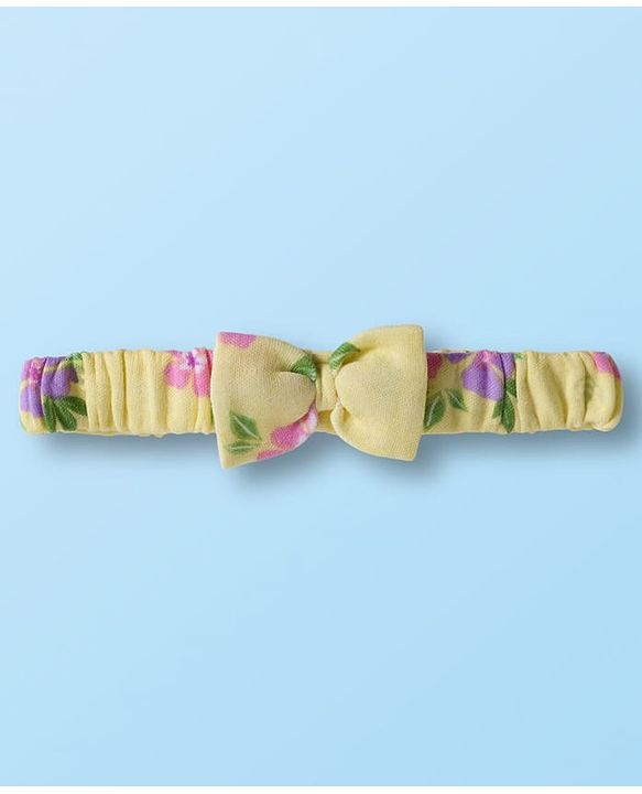 Babyhug 100% Cotton Knit Full Sleeves Onesie With Floral Print & Headband - Yellow