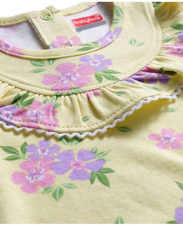 Babyhug 100% Cotton Knit Full Sleeves Onesie With Floral Print & Headband - Yellow