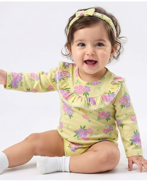 Babyhug 100% Cotton Knit Full Sleeves Onesie With Floral Print & Headband - Yellow