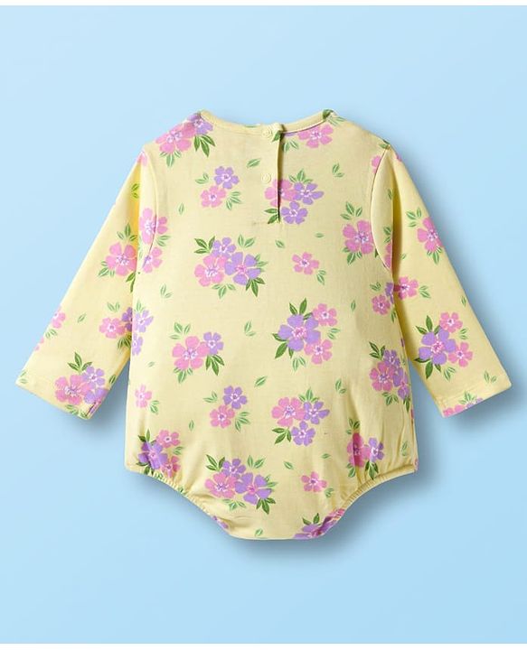 Babyhug 100% Cotton Knit Full Sleeves Onesie With Floral Print & Headband - Yellow