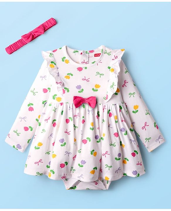 Babyhug 100% Cotton Single Jersey Knit Full Sleeves Frock Style Onesie with Headband Frill Detailing Bow Applique & Floral Print - White