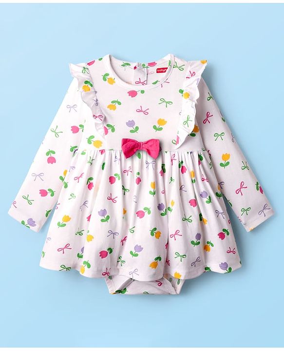 Babyhug 100% Cotton Single Jersey Knit Full Sleeves Frock Style Onesie with Headband Frill Detailing Bow Applique & Floral Print - White