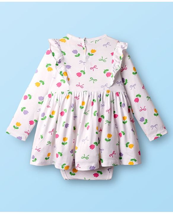 Babyhug 100% Cotton Single Jersey Knit Full Sleeves Frock Style Onesie with Headband Frill Detailing Bow Applique & Floral Print - White