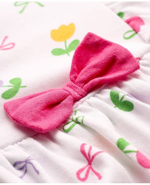 Babyhug 100% Cotton Single Jersey Knit Full Sleeves Frock Style Onesie with Headband Frill Detailing Bow Applique & Floral Print - White