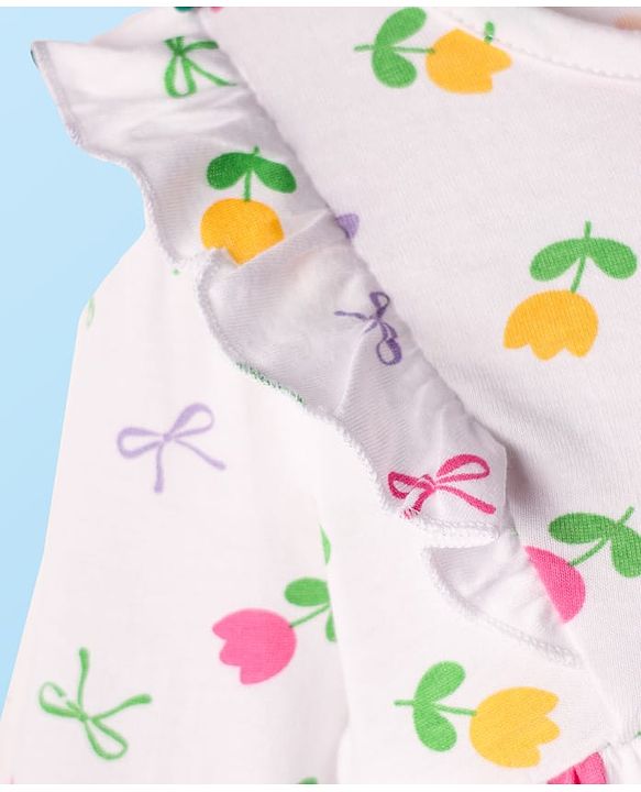Babyhug 100% Cotton Single Jersey Knit Full Sleeves Frock Style Onesie with Headband Frill Detailing Bow Applique & Floral Print - White