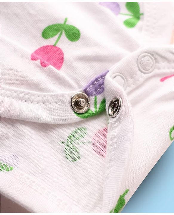 Babyhug 100% Cotton Single Jersey Knit Full Sleeves Frock Style Onesie with Headband Frill Detailing Bow Applique & Floral Print - White