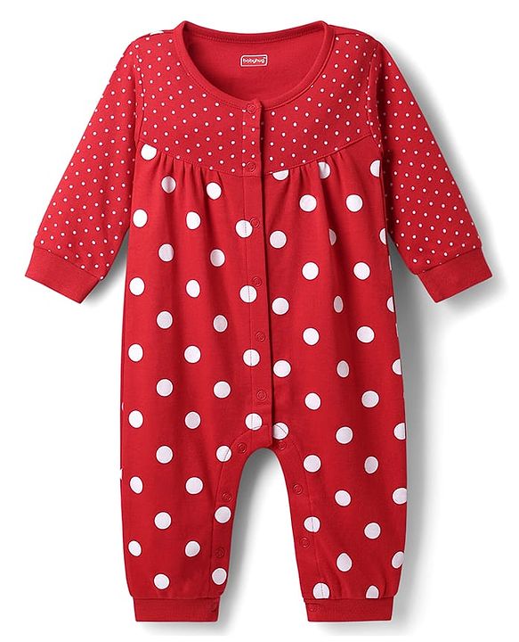 Babyhug 100% Cotton Knit Full Sleeves Front Open Romper with Polka Dots Print - Red