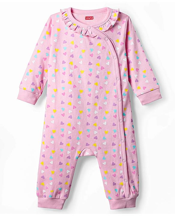 Babyhug 100% Cotton Interlock Knit Full Sleeves Romper with Heart Print - Light Pink