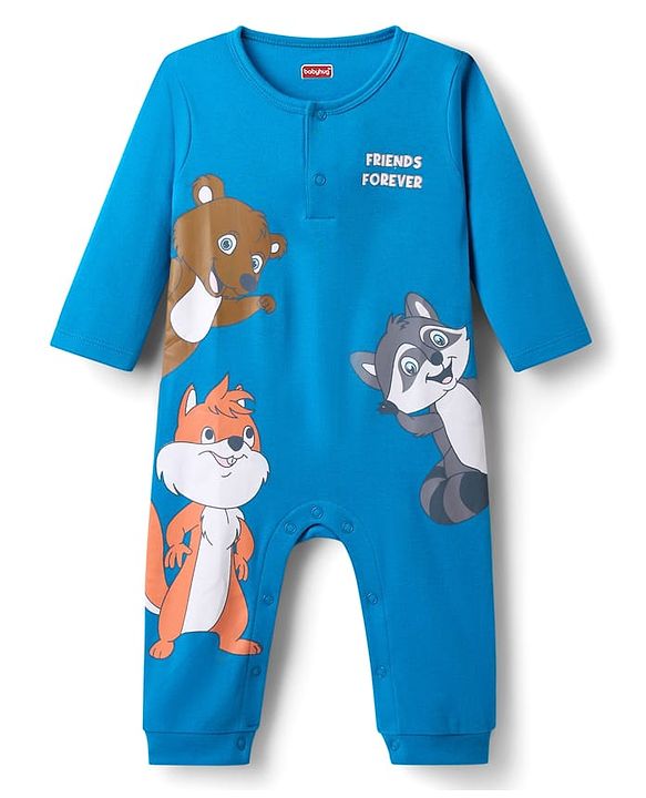 Babyhug 100% Cotton Interlock Knit Full Sleeves Romper with Animal Print - Blue