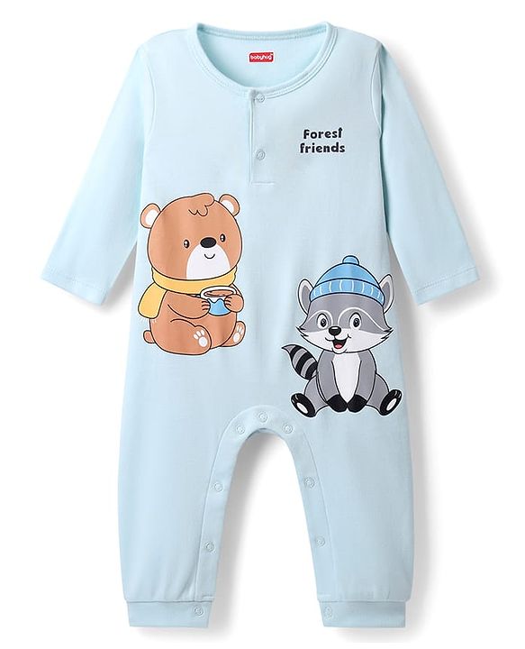 Babyhug 100% Cotton Interlock Knit Full Sleeves Romper with Animal Print - Light Blue