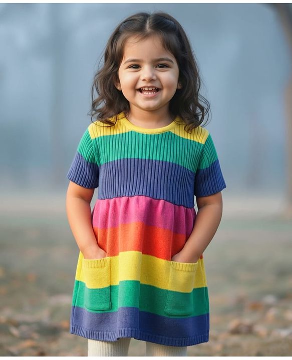 Babyhug Sweater Knit Half Sleeves Striped Woolen Dress - Multicolour