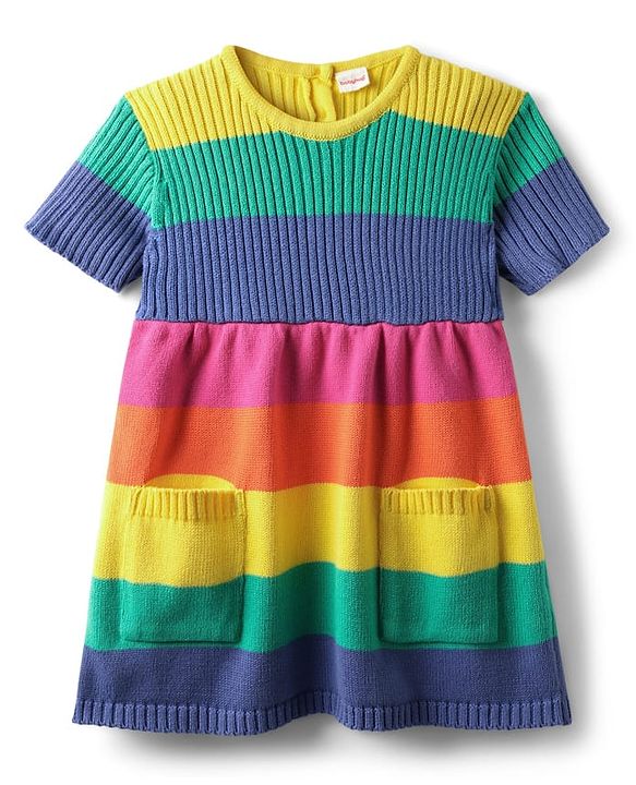 Babyhug Sweater Knit Half Sleeves Striped Woolen Dress - Multicolour