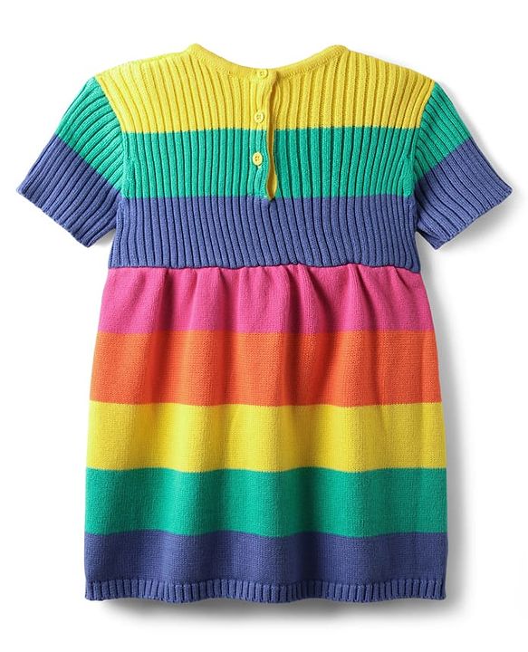 Babyhug Sweater Knit Half Sleeves Striped Woolen Dress - Multicolour
