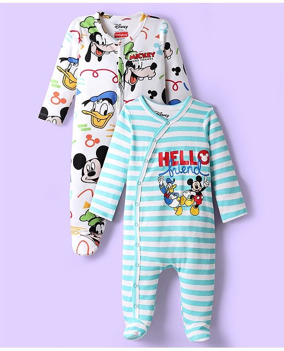 Babyhug Disney 100% Cotton Full Sleeves Footed Sleep Suits With Mickey Mouse Graphics Pack Of 2- Multi Colour