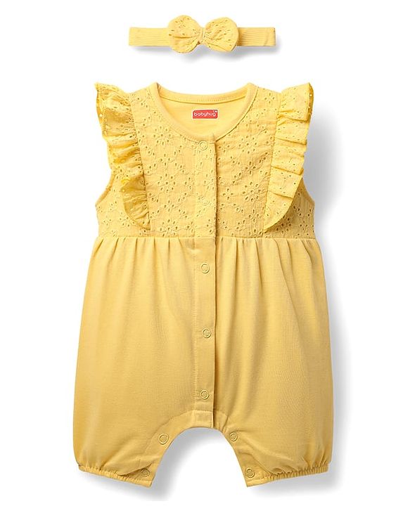 Babyhug 100% Cotton Single Jersey Knit Frill Sleeves Schiffli Romper with Bow Headband - Yellow