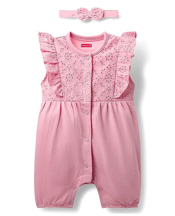 Babyhug 100% Cotton Single Jersey Knit Embroidered Romper With Headband - Pink