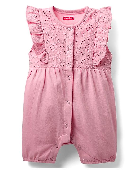 Babyhug 100% Cotton Single Jersey Knit Embroidered Romper With Headband - Pink